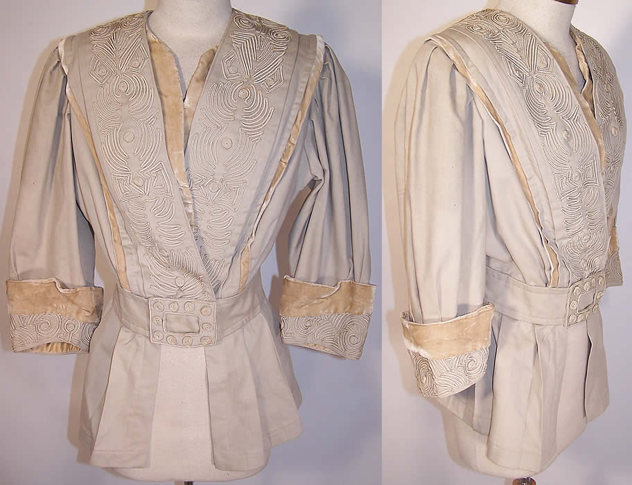 Berthe May Edwardian Ecru Wool Soutache Embroidered Belted Peplum Suit Jacket