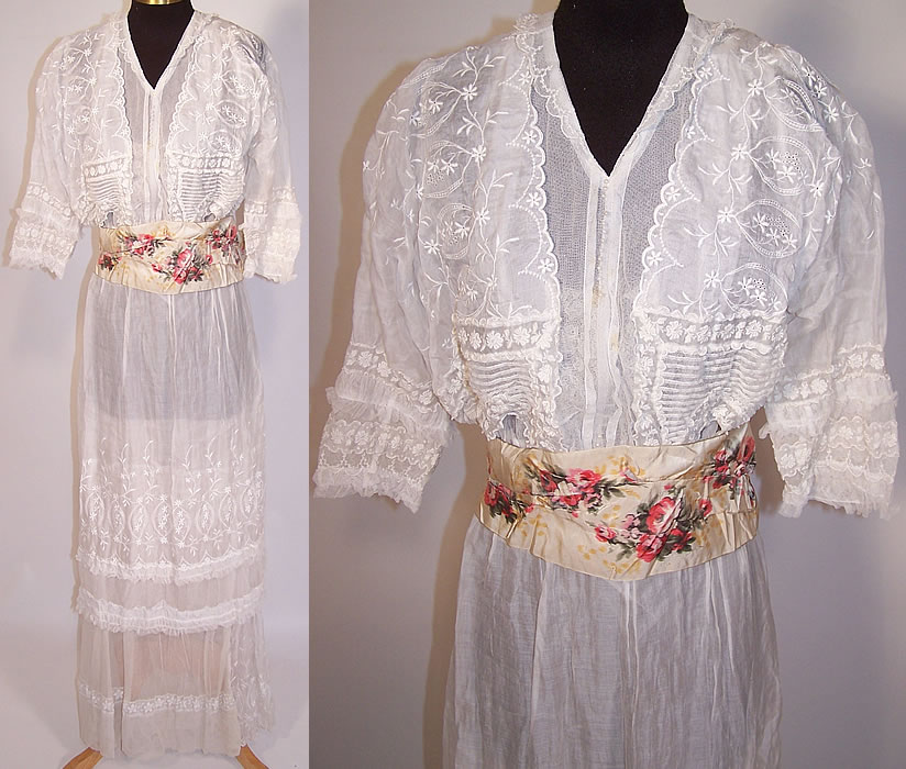 Edwardian Embroidered White Batiste Lawn Lace Wedding Gown Graduation Dress