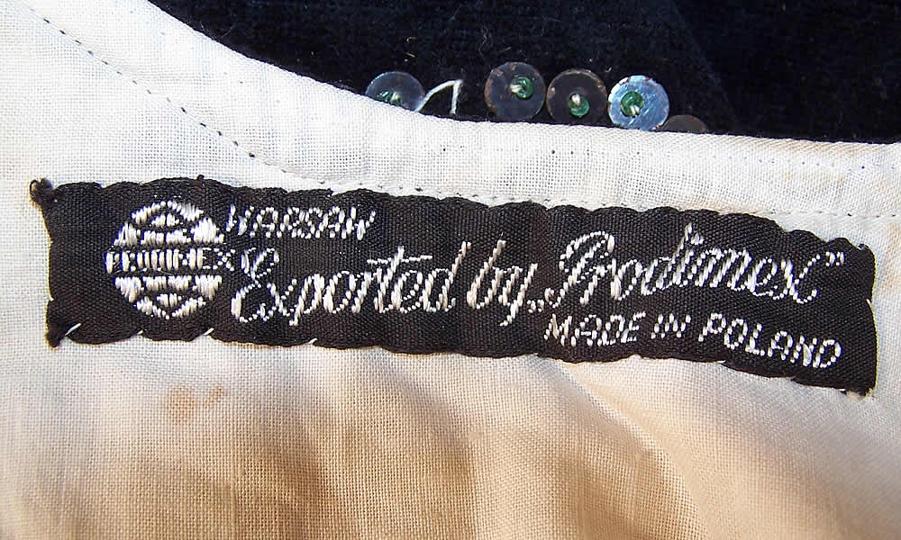 Vintage Black Velvet Gold Sequin Beaded Warsaw Polish Folk Vest Bodice Top with a "Warsaw Exported by Prodimex Made in Poland" label sewn inside.