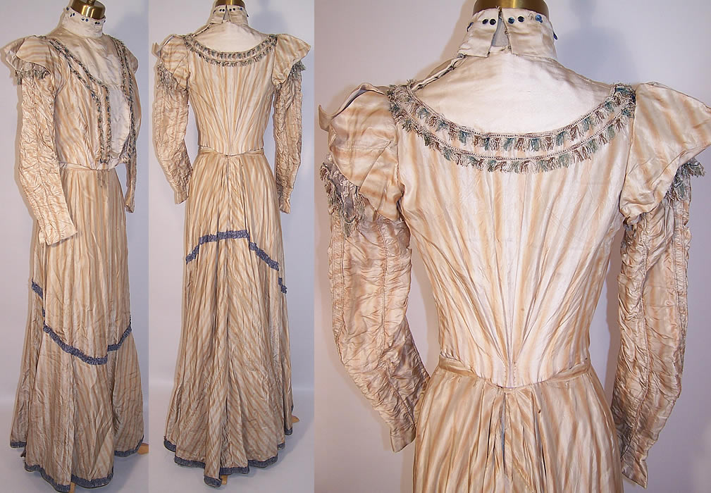 Victorian Ecru Beige Striped Silk Blue Fringe Gown Dress Bodice Skirt side view back view & back view close up