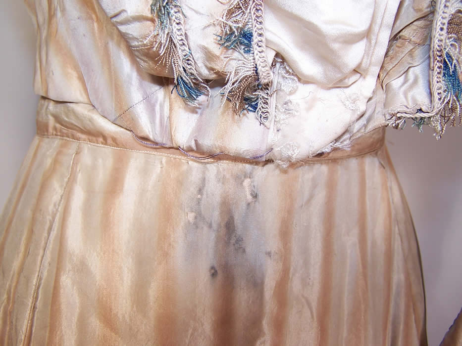 Victorian Ecru Beige Striped Silk Blue Fringe Gown Dress Bodice Skirt a small black stain with tiny pin holes on the front top skirt close up