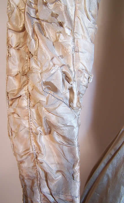 Victorian Ecru Beige Striped Silk Blue Fringe Gown Dress Bodice Skirt some fraying splits along the sleeves close up.