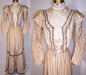 Victorian 1890 Ecru Beige Striped Silk Blue Fringe Gown Dress Bodice Skirt