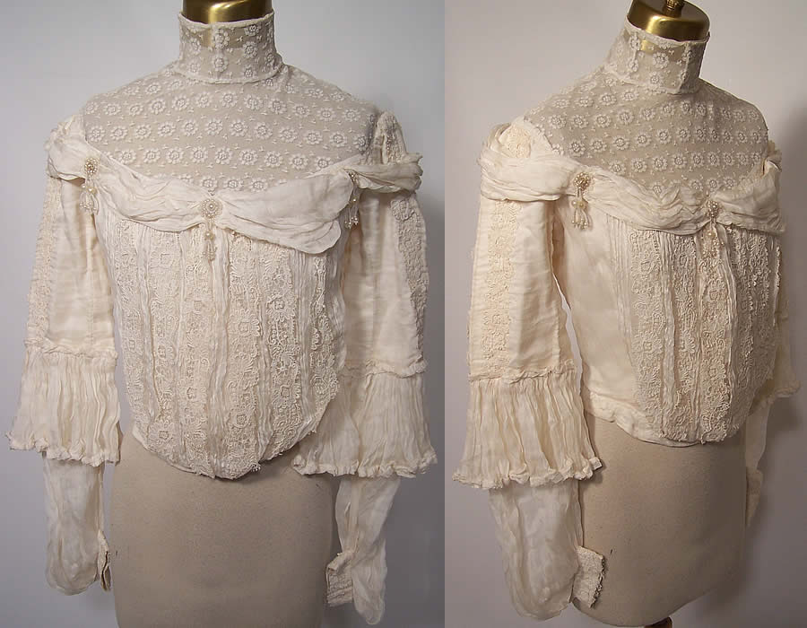 Vintage Edwardian Cream Silk Lace Net Beaded Bridal Wedding Bodice Blouse