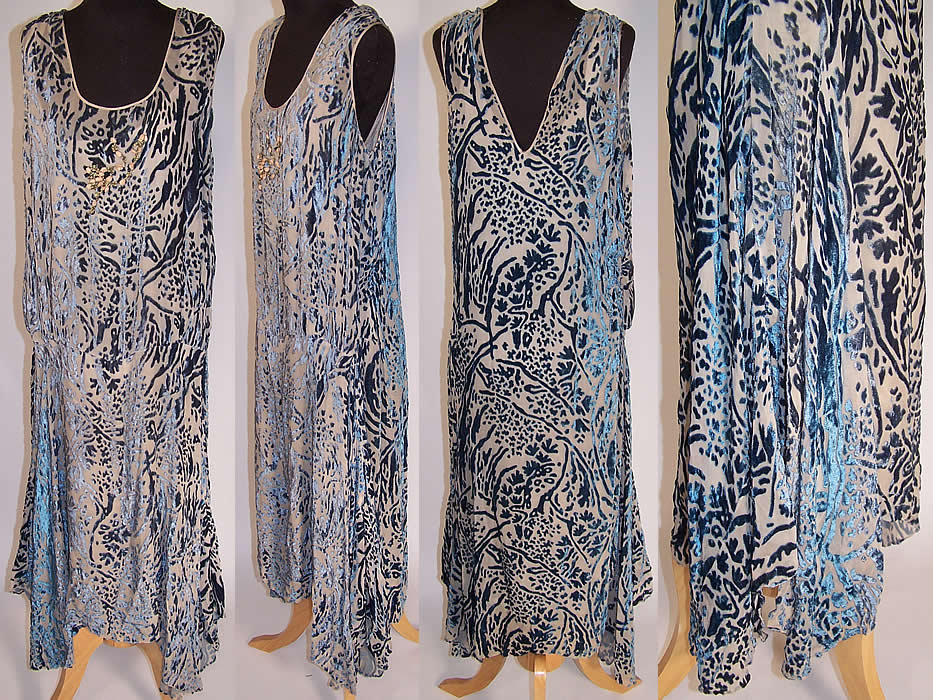 Art Deco Steel Blue Voided Velvet Silk Rosette Drop Waist Flapper Dress