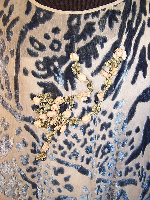 Art Deco Steel Blue Voided Velvet Silk Rosette Drop Waist Flapper Dress