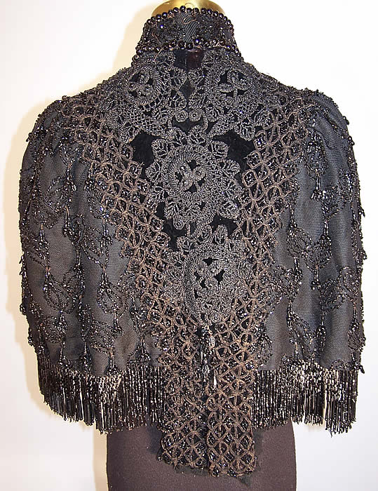 Victorian Black Velvet Jet Beaded Applique Fringe Mourning Mantle Cape Cloak back view.