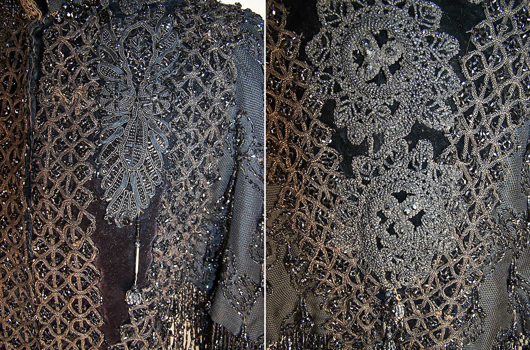 Victorian Black Velvet Jet Beaded Applique Fringe Mourning Mantle Cape Cloak 2 close ups with some missing, loose beads and tassels 