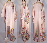 Japanese Geisha Pink Silk Screen Floral Silver & Gold Embroidered Kimono