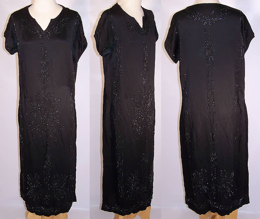 Vintage Art Deco Flapper Black Silk Beaded Shift Dress