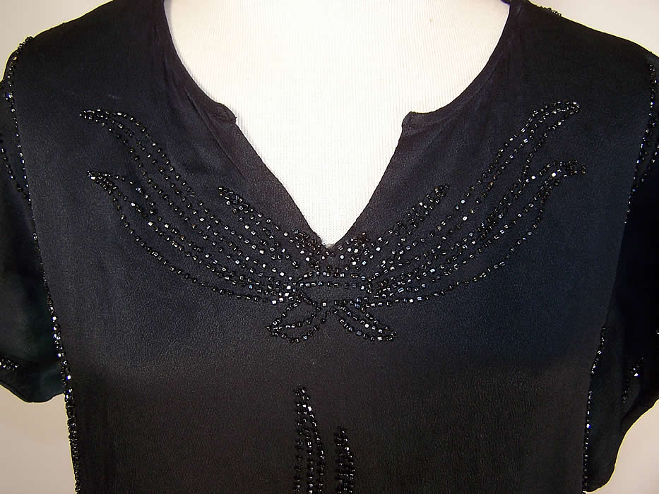 Vintage Art Deco Flapper Black Silk Beaded Shift Dress close up