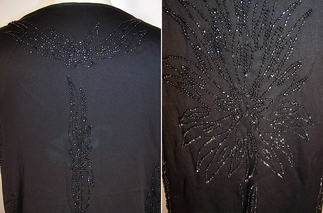 Vintage Art Deco Flapper Black Silk Beaded Shift Dress back view close up & front flower close up.