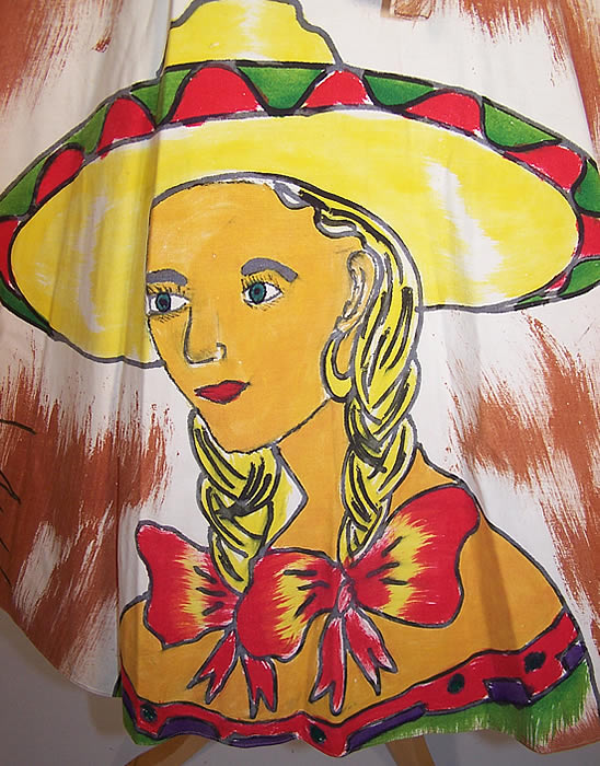 Vintage Mexicanita Girl Guitar Serape Hand Painted Mexican Circle Skirt close up