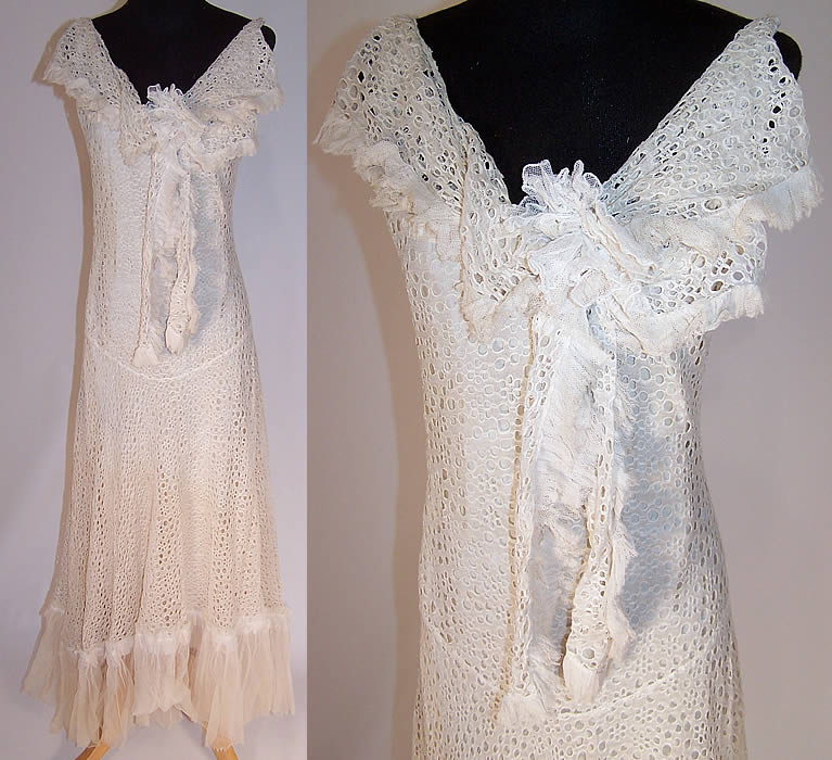 Vintage White Net Eyelet Lace Shawl Collar Bias Cut Dress & Slip