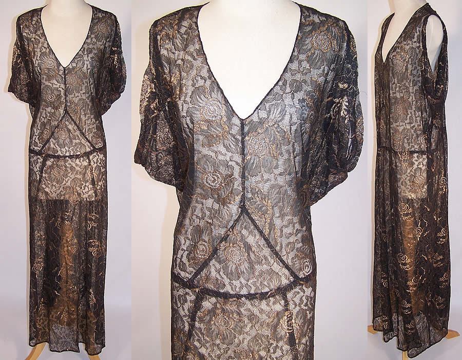 Vintage Black Lace Gold Metallic Lamé Bias Cut Evening Gown Dress