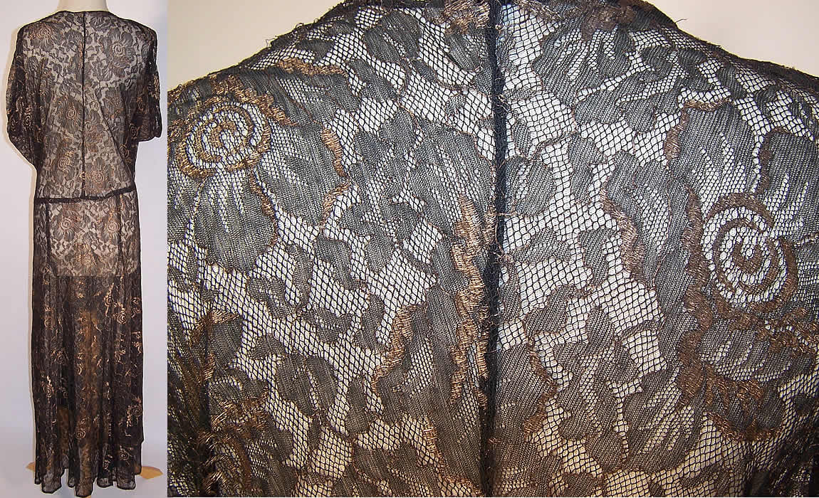 Vintage Black Lace Gold Metallic Lamé Bias Cut Evening Gown Dress back views