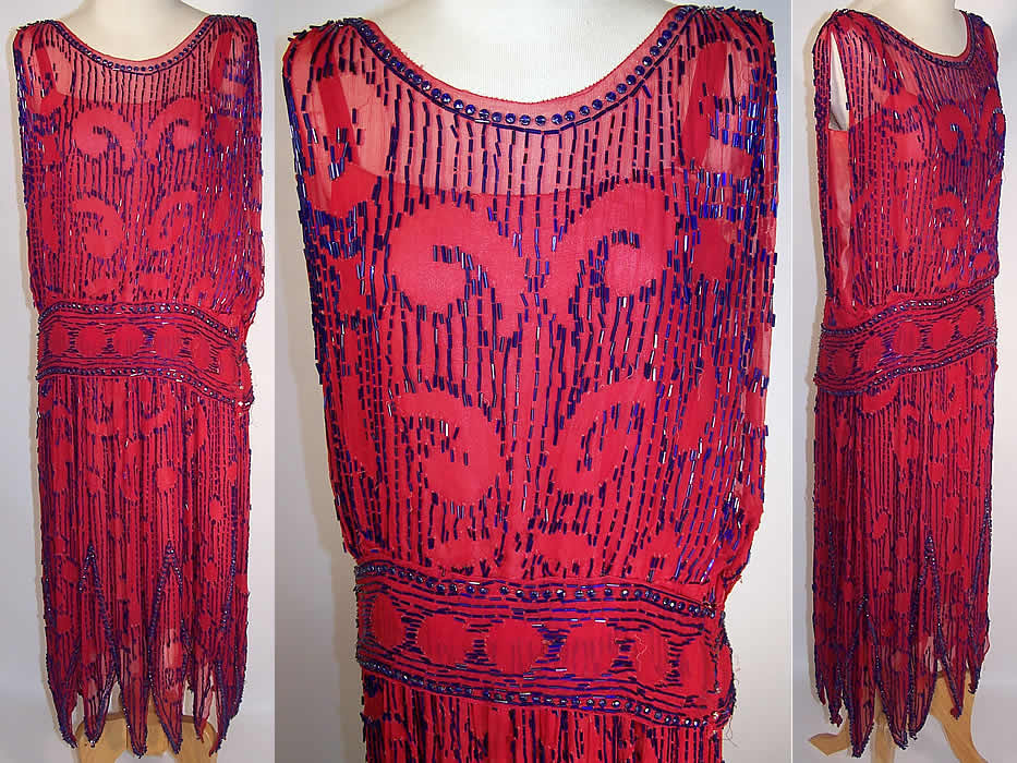 Vintage Art Deco Red Silk Chiffon Cobalt Blue Beaded Flapper Dress