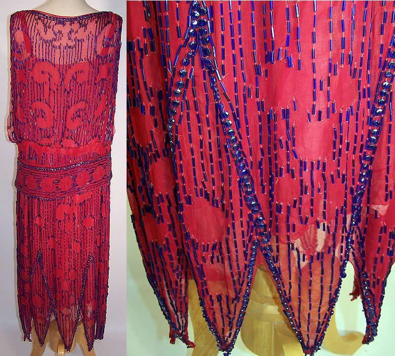 Vintage Art Deco Red Silk Chiffon Cobalt Blue Beaded Flapper Dress