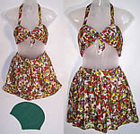 Vintage 1940s Floral Silk Rayon Tricot Pinup Bikini Swimsuit & Bathing Swim Cap