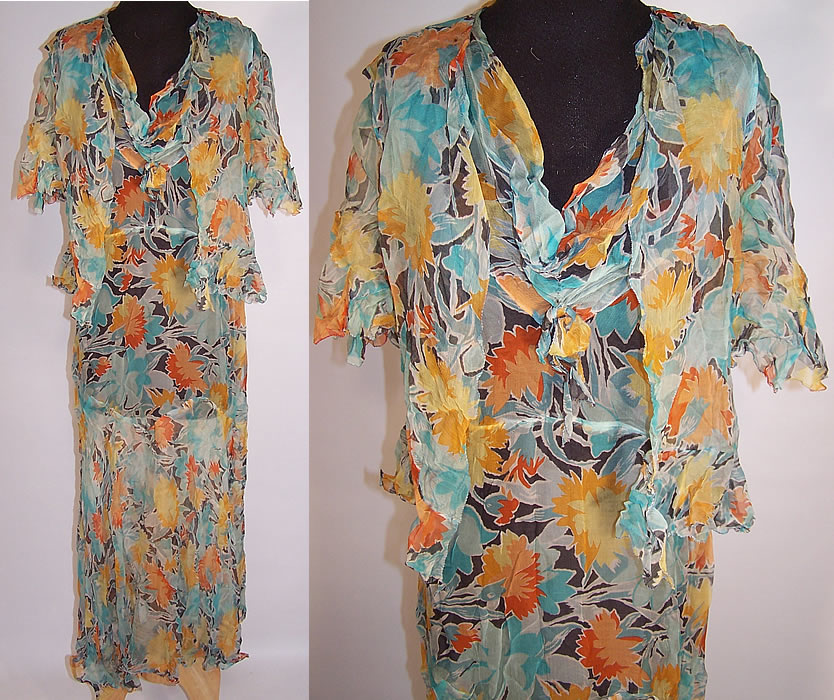 Vintage Carnation Flower Print Silk Chiffon Bias Cut Dress & Vest Jacket