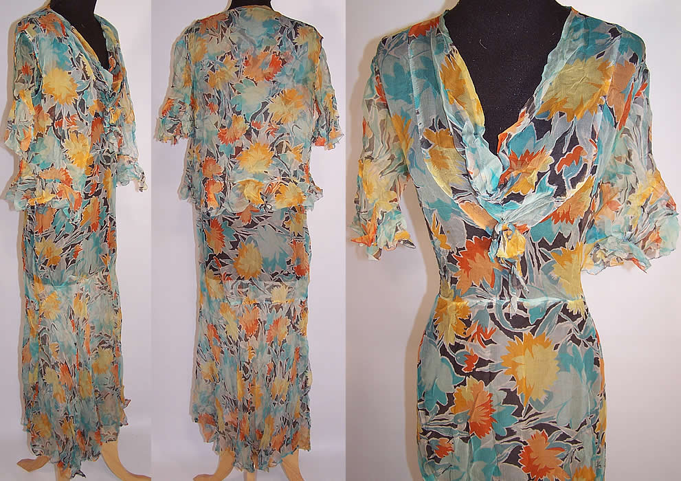 Vintage Carnation Flower Print Silk Chiffon Bias Cut Dress & Vest Jacket
