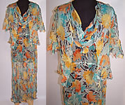 Vintage 1930s Carnation Flower Print Silk Chiffon Bias Cut Dress & Vest Jacket