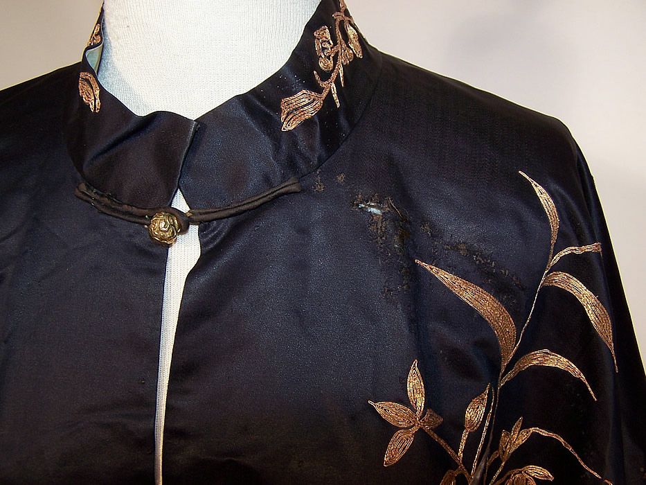 Antique Chinese Precious Objects Gold Couching Embroidered Robe Coat close up.