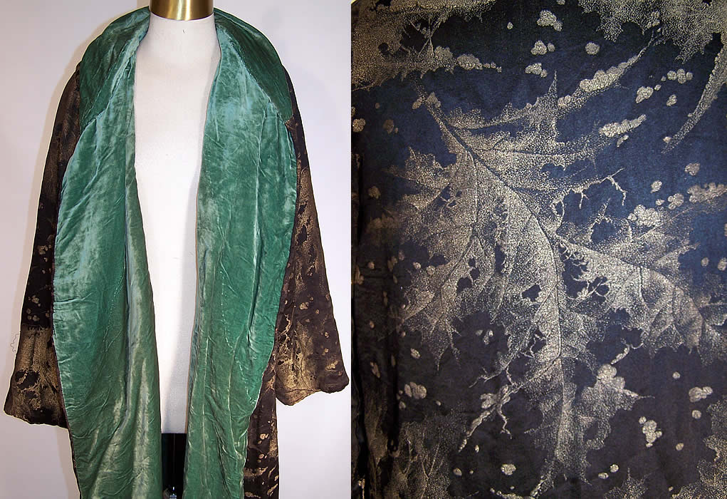 Art Deco Black Velvet Gold Stenciled Oak Maple Leaf Cocoon Opera Coat