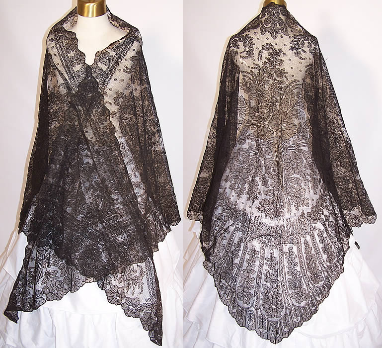 Victorian Civil War Antique Black Chantilly Lace Mantilla Spanish Shawl