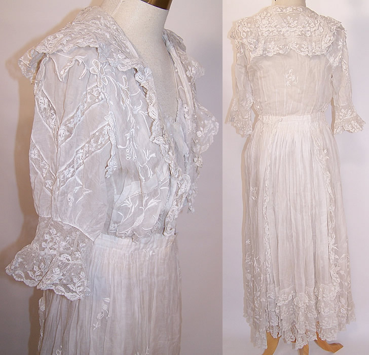 Edwardian Titanic White Batiste Embroidered French Knot Lace Dress 
