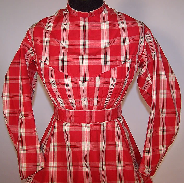 Victorian Civil War Girls Red & White Plaid Check Wool Hoop Skirt Dress 