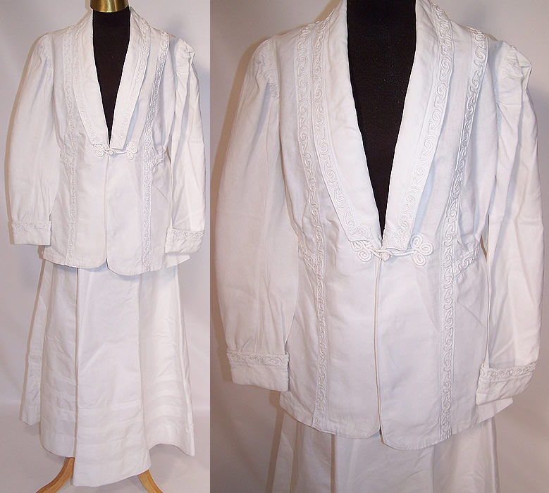 Edwardian White Linen Soutache Trim Walking Suit Jacket Skirt 