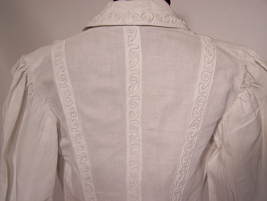 Edwardian White Linen Soutache Trim Walking Suit Jacket Skirt back view close up