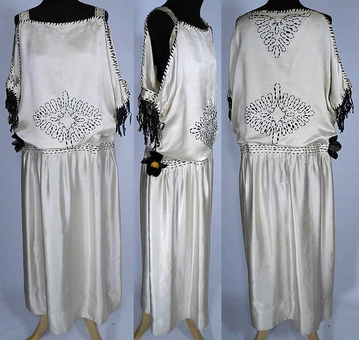 Vintage Art Deco White Silk Black Embroidered Fringe Drop Waist Flapper Dress