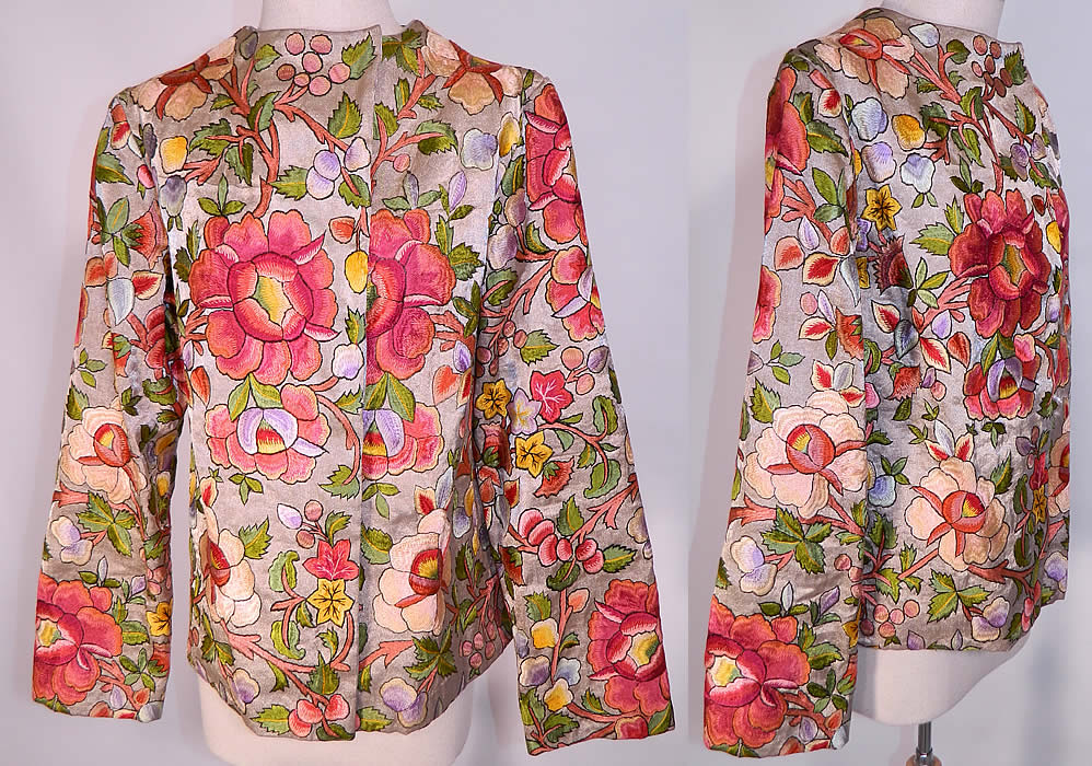 Vintage Silver Metallic Lamé Silk Embroidered Floral Leaf Coat Jacket. This amazing antique vintage silver metallic lamé silk embroidered floral leaf coat jacket was created from 1920s embroidered fabric, but has a 1940s construction style and lining.