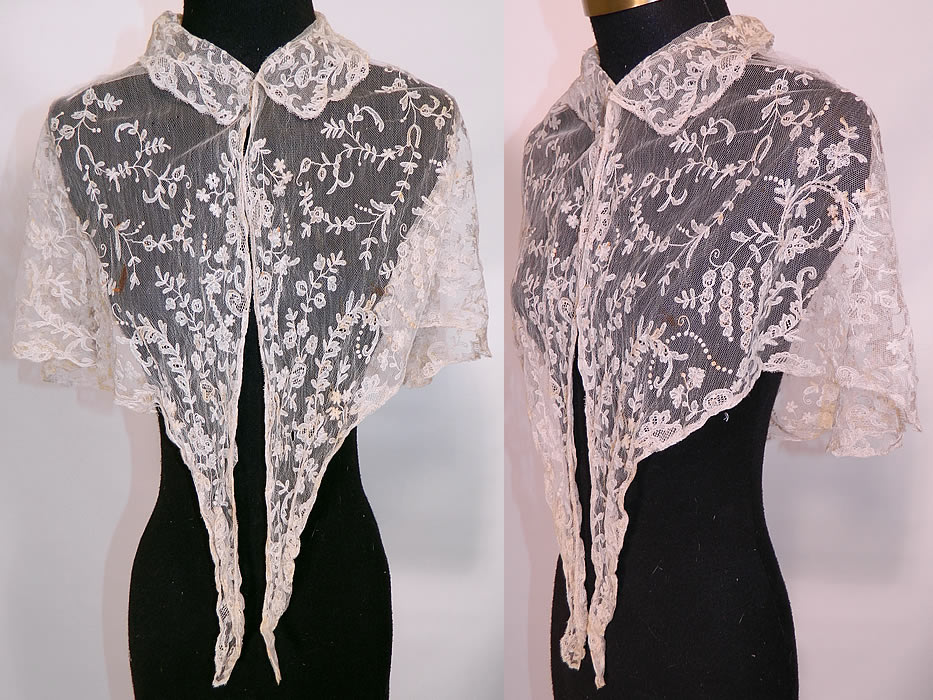 Antique Blonde Lace Tambour Embroidery Fichu Pelerine Collar Cape Shawl. This antique Regency Georgian era blonde lace tambour embroidery fichu pelerine collar cape shawl dates from 1830. It is hand stitched, made of a sheer fine off white blonde net lace, with tambour embroidery work chain stitching done in a floral spray vine leaf pattern design.