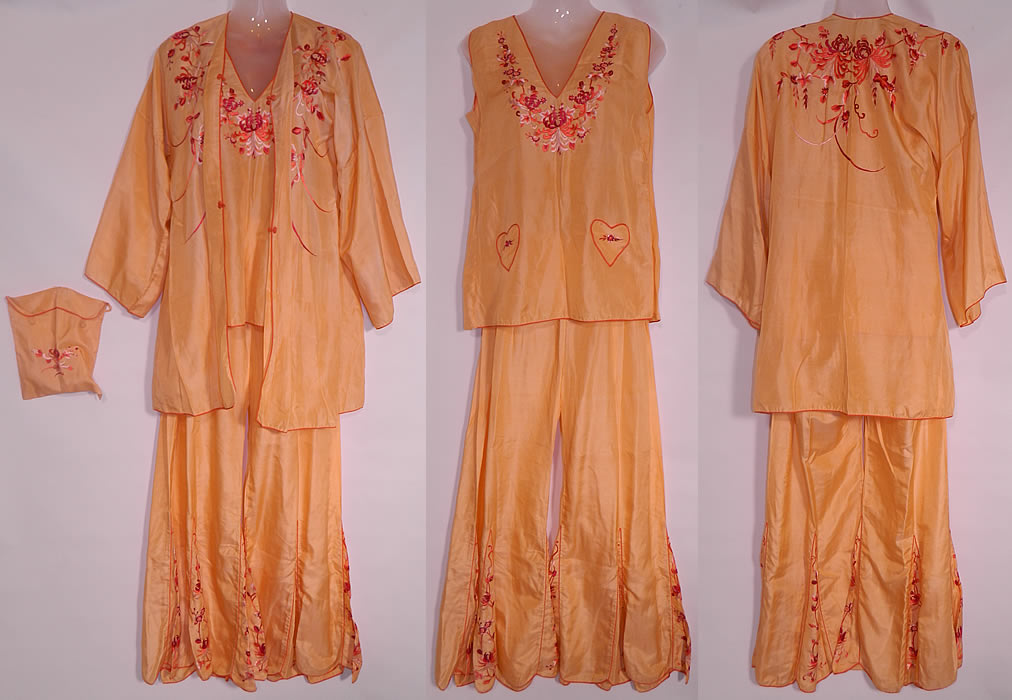 Vintage Peach Silk Embroidered Pajamas Lounge Set Robe & Purse. 