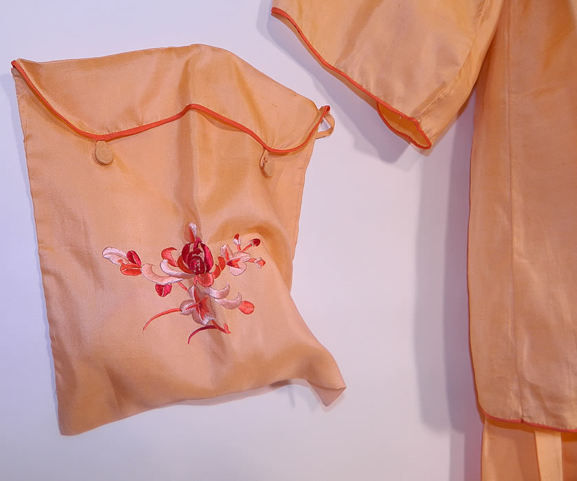 Vintage Peach Silk Embroidered Pajamas Lounge Set Robe & Purse. 