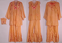 Vintage Peach Silk Embroidered Pajamas Lounge Set Robe & Purse.