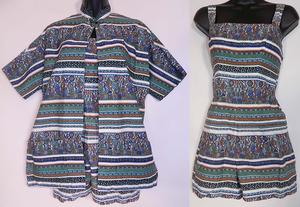 Vintage Rose Marie Reid Cotton Print Playsuit Swimsuit Coverup Top. It is made of shades of blue, green, gold, black & white decorative abstract stripe print cotton fabric. This sexy retro pinup bathing beauty outfit includes a one piece swimsuit playsuit shorts romper with adjustable button shoulder straps, smocking gathering and back zipper closure.