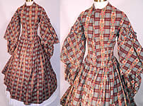 Victorian Civil War Floral Paisley Plaid Print Wool Challis  Hoop Skirt Dress. 