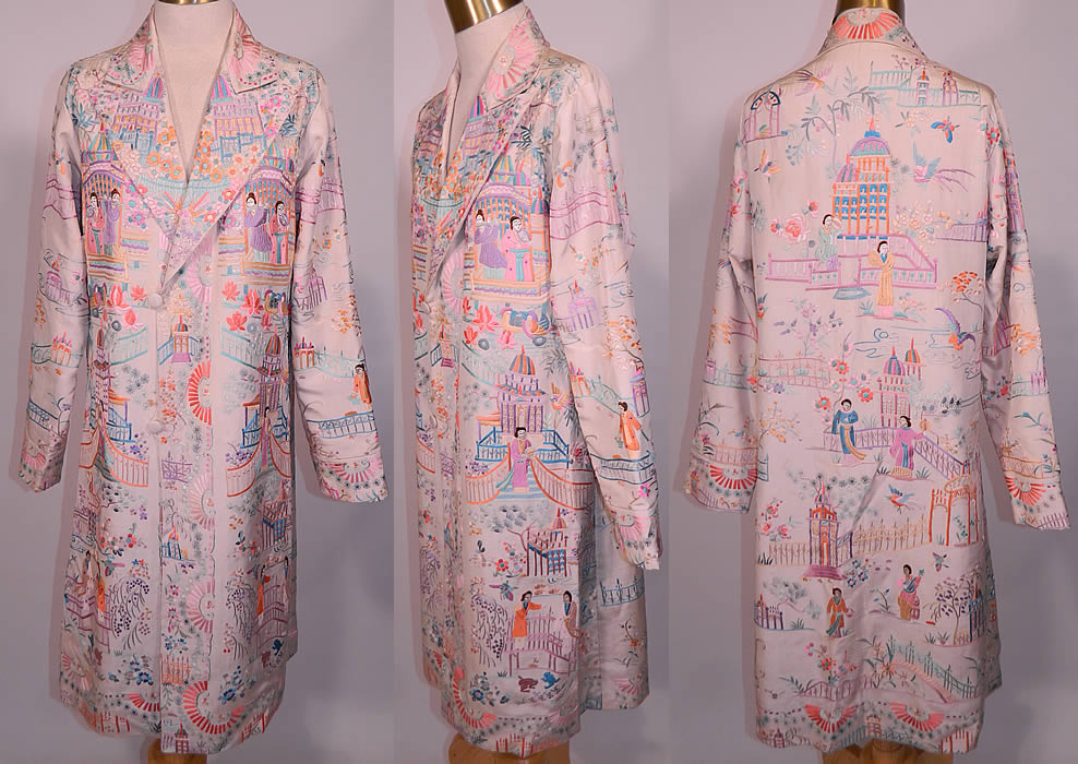 Vintage Chinese Figural Pastel Silk Embroidered Piano Shawl Long Coat Jacket. This vintage antique Chinese figural pastel silk embroidered piano shawl long coat jacket dates from the 1920s. It is made of a off white color silk fabric background, with colorful pastel raised padded satin stitch hand embroidery work. There is a lavishly lush floral foliage Chinese figural scenes with temples, gardens, birds, butterflies and frogs design completely covering the fabric.