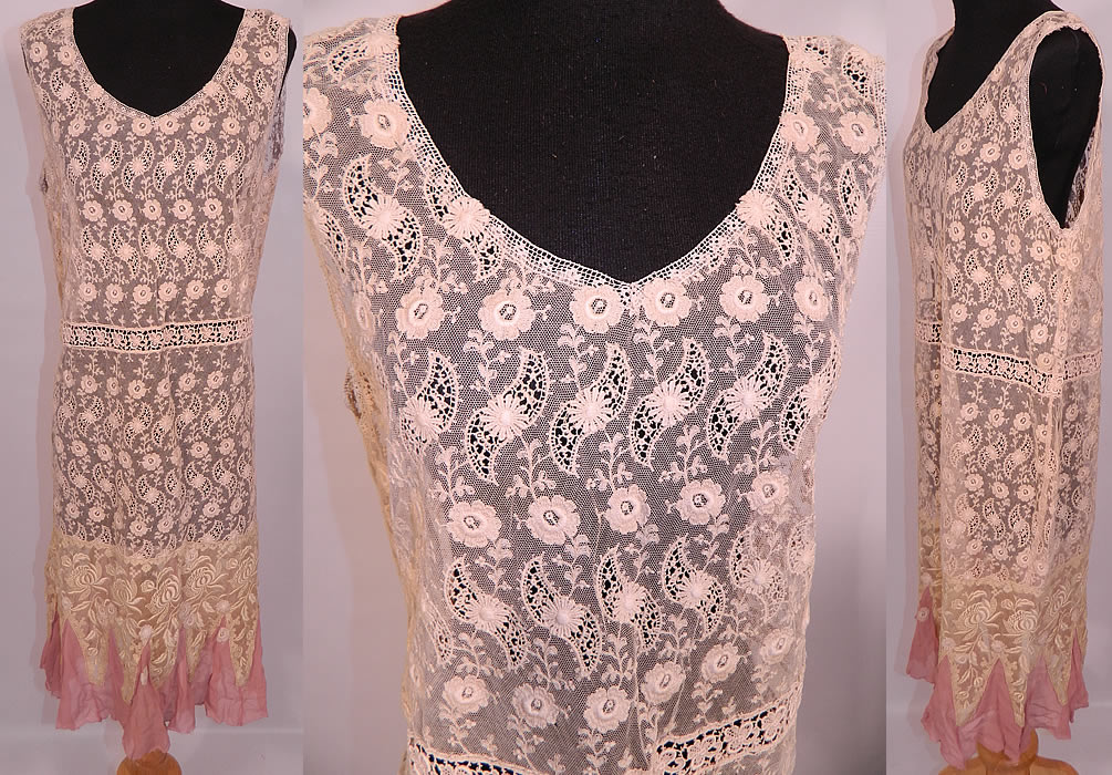 Vintage Cream Embroidered Net Lace Drop Waist Pink Silk Hem