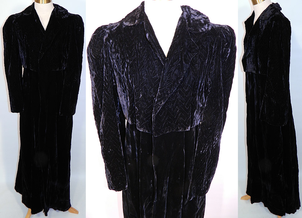Vintage Black Velvet Quilted Long Floor Length Evening Coat & Cropped Jacket. This vintage black velvet quilted long floor length evening coat and cropped jacket dates from the 1940s. It is made of a luxurious black silk velvet fabric, with an Art Deco decorative geometric quilted stitching design on the top.