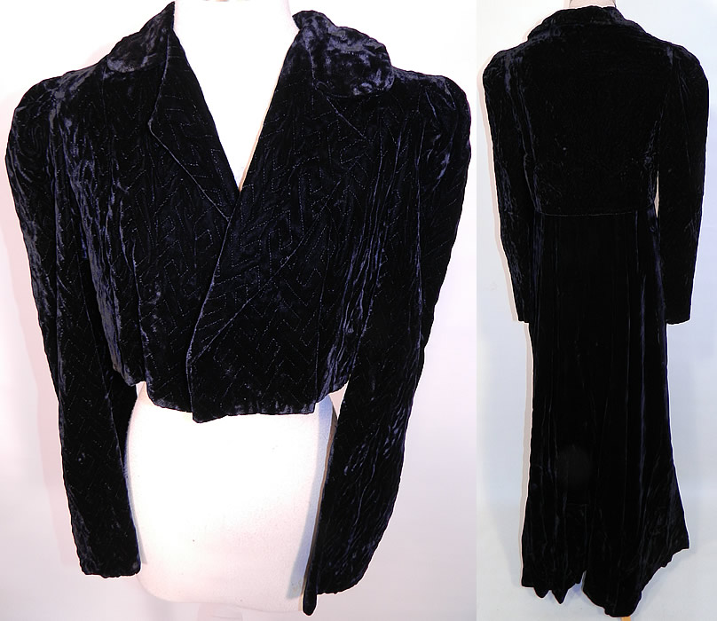 Vintage Black Velvet Quilted Long Floor Length Evening Coat & Cropped Jacket. The coat measures 55 inches long, with 40 inch hips, a 34 inch waist, 36 inch bust, 14 inch back and 24 inch long sleeves. 