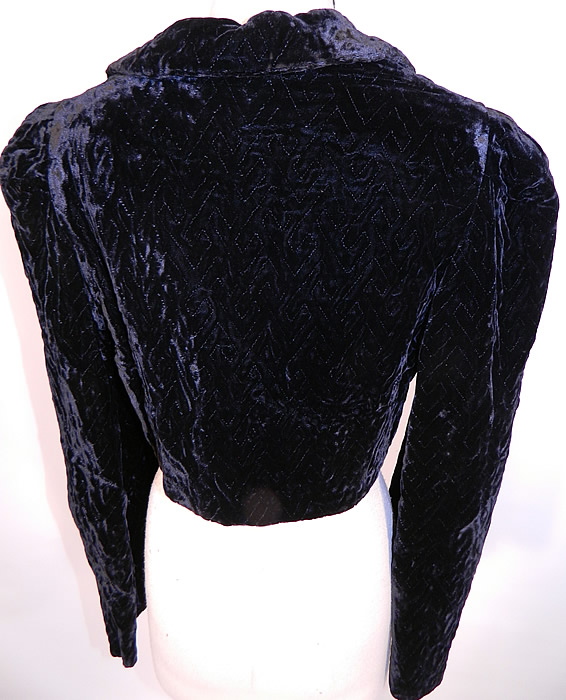 Vintage Black Velvet Quilted Long Floor Length Evening Coat & Cropped Jacket. When separated the shorter cropped jacket measures 15 inches long. It is in good condition. This is truly a unique and wonderful piece of wearable art! 