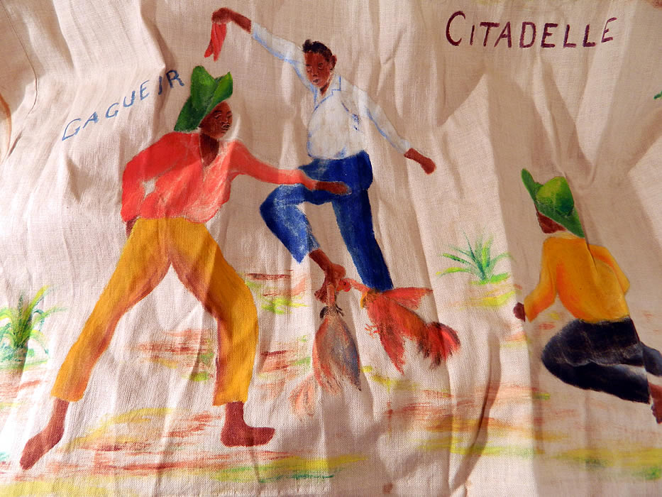 Vintage Fernand Pierre  Artist Signed Hand Painted  Haitian Vodou Circle Skirt.  It is in good condition, has not been cleaned and has a few small faint age spot stains. This is truly a rare and unique one of a kind  piece of wearable Haitian textile art! 