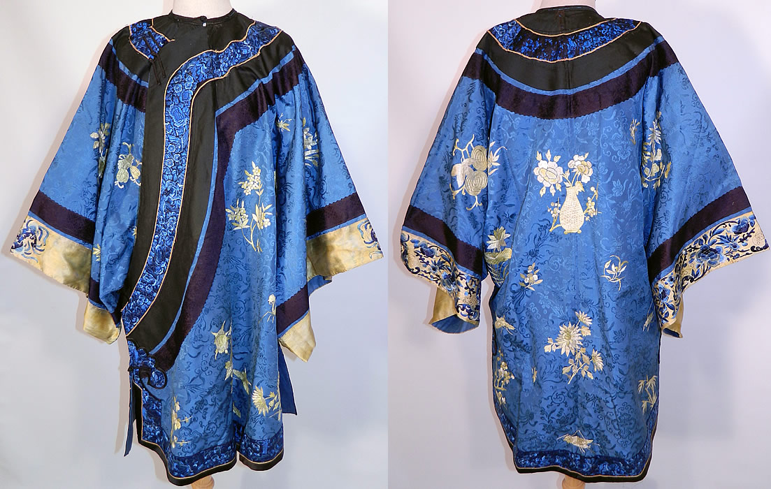 Antique Chinese Blue Silk Embroidered Insect Gourd Peach Floral Longevity Robe. This antique Chinese blue silk embroidered insect, gourd, peach, floral, longevity robe dates from 1900, the late Qing Dynasty. 