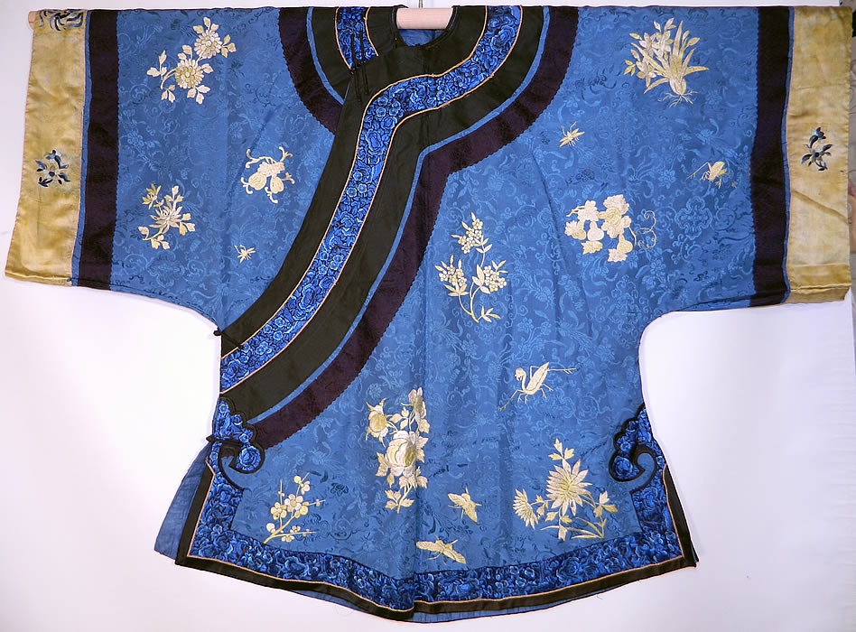 Antique Chinese Blue Silk Embroidered Insect Gourd Peach Floral Longevity Robe.  There are a variety of bug insects crickets, praying mantis, grasshopper, butterflies, gourds, peaches and flowers, symbols for longevity and to ward off evil spirits. 