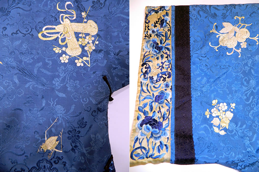 Antique Chinese Blue Silk Embroidered Insect Gourd Peach Floral Longevity Robe. It is fully lined in a blue cotton fabric. 